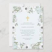 Invitation Belle flore grise et blanche sur bleu| Baptême (Devant)