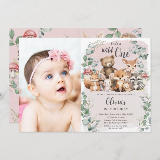 Invitation Belle forêt Animaux Sauvages Un 1er anniversaire P (Devant / Derrière)