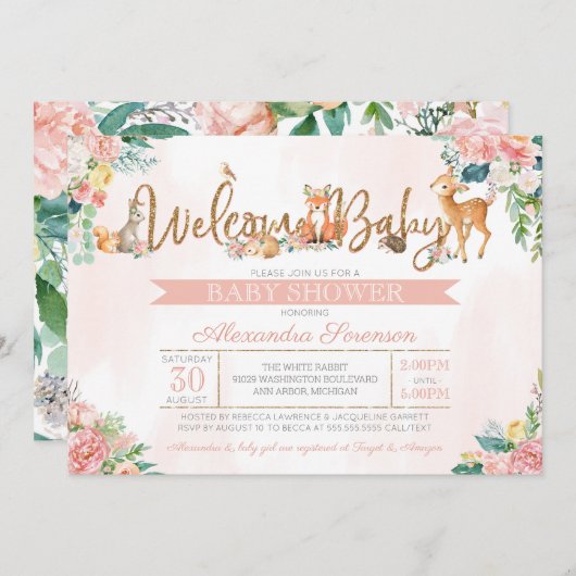 Invitation Belle forêt Bois Animaux Fille Baby shower (Devant / Derrière)