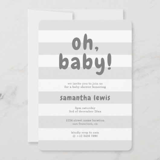 Invitation Belle Gris Gris Gris Stripes Oh Bébé Garçon Douche (Devant)