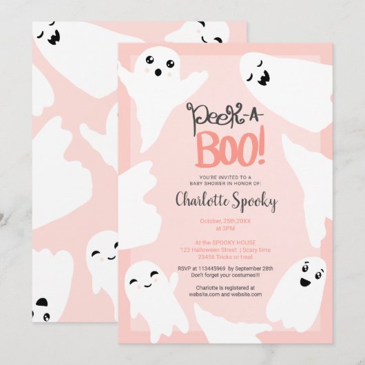 Invitation Belle Halloween fantômes baby shower rose (Devant / Derrière)