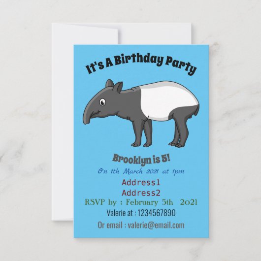 Invitation Belle illustration de tapir de dessin animé (Devant)