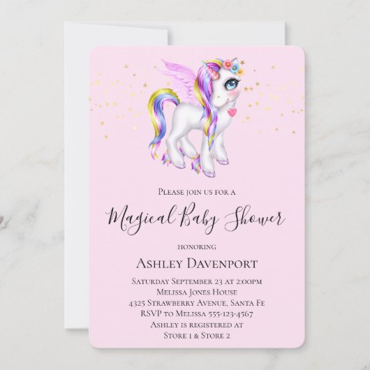 Invitation Belle licorne avec Baby shower Rainbow Mane (Devant)