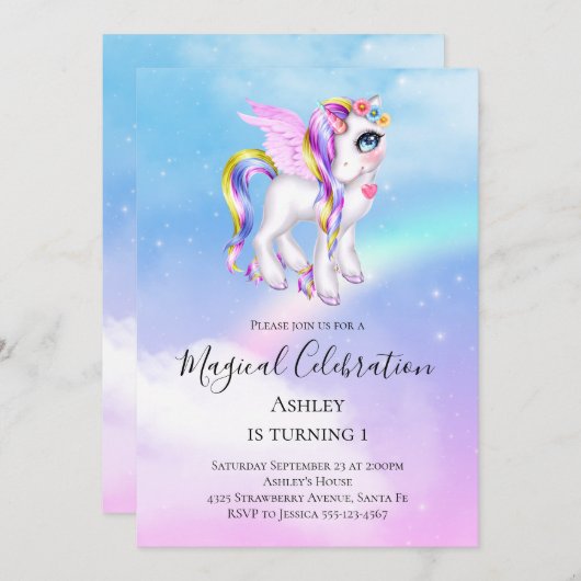 Invitation Belle licorne avec Rainbow Mane Anniversaire (Devant / Derrière)