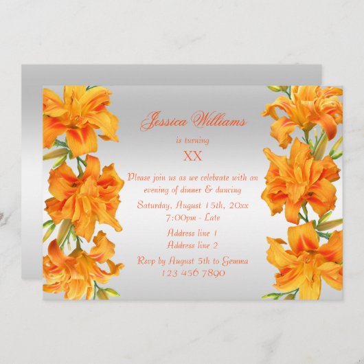 Invitation Belle Lys Orange Floral Anniversaire (Devant / Derrière)