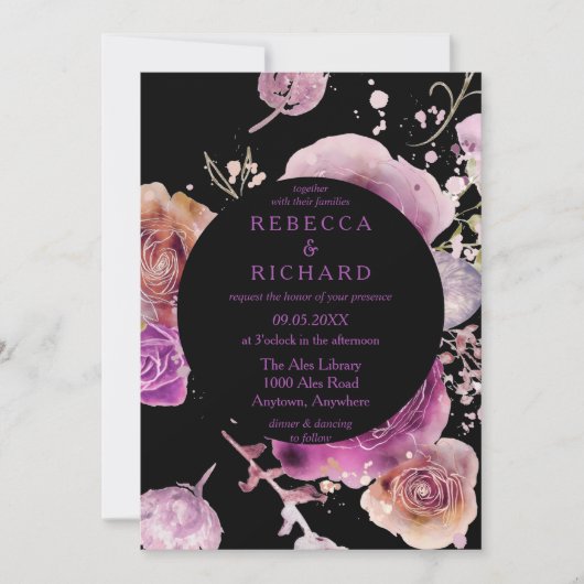 Invitation Belle mariage fleurie violette et noire (Devant)