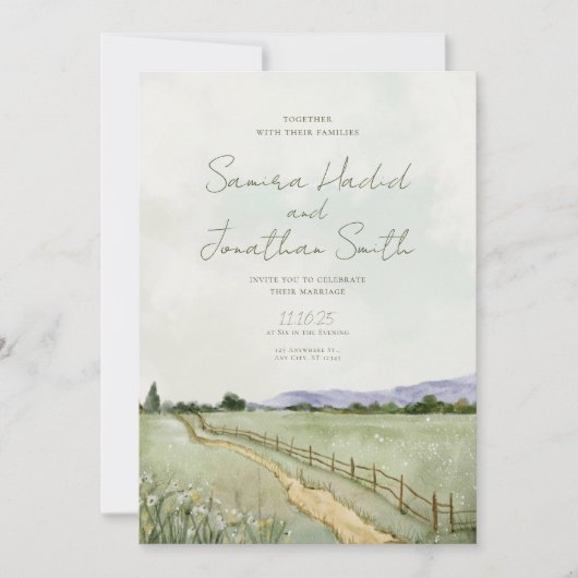 Invitation Belle Mariage Paysage Vert (Devant)