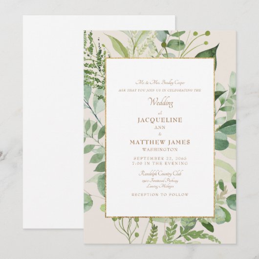 Invitation Belle Mariée Parents Vert feuillu Crème & Or (Devant / Derrière)