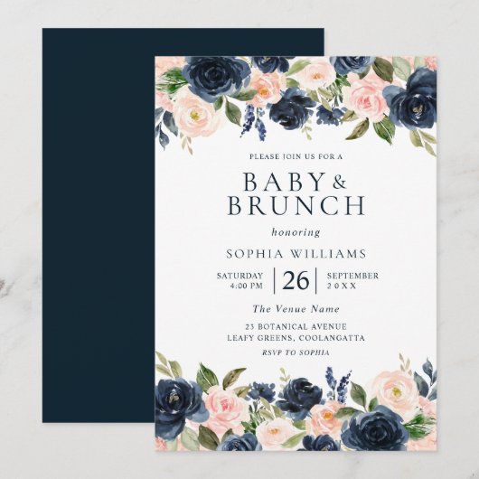 Invitation Belle Marine & Blush Baby shower Floral Brunch (Devant / Derrière)