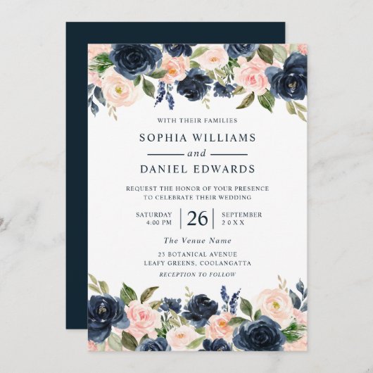 Invitation Belle Marine & Blush Floral Mariage (Devant / Derrière)