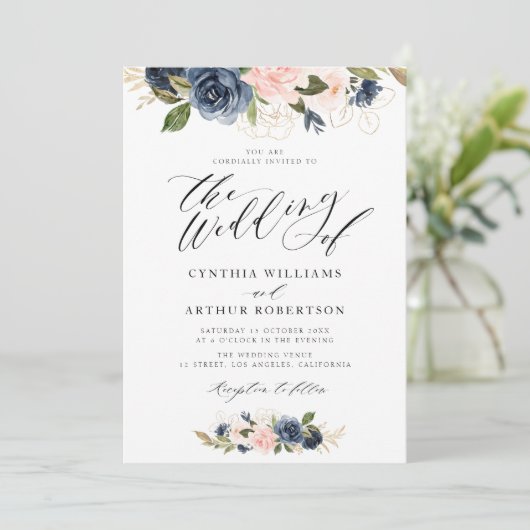 Invitation belle marine de script et mariage rose roux (Debout devant)