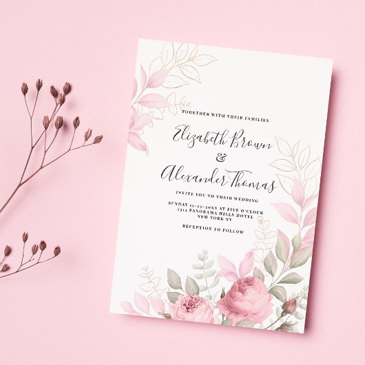 Invitation Belle menthe rose rose feuille mariage