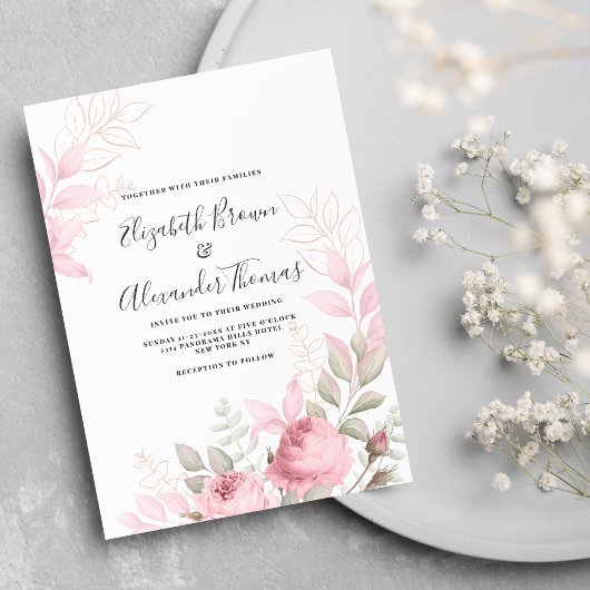 Invitation Belle menthe rose rose feuille mariage