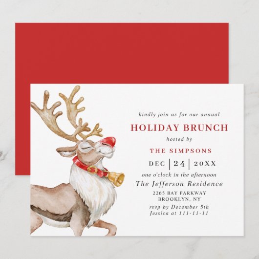 Invitation Belle Noël Cartoon Reindeer VACANCES BRUNCH (Devant / Derrière)