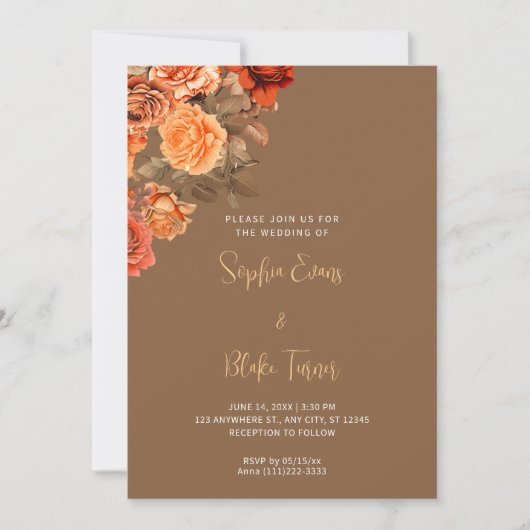 Invitation Belle Orange Floral Bouquet Mariage Brown (Devant)