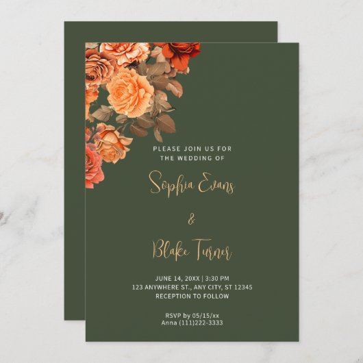 Invitation Belle Orange Floral Bouquet Vert Mariage (Devant / Derrière)