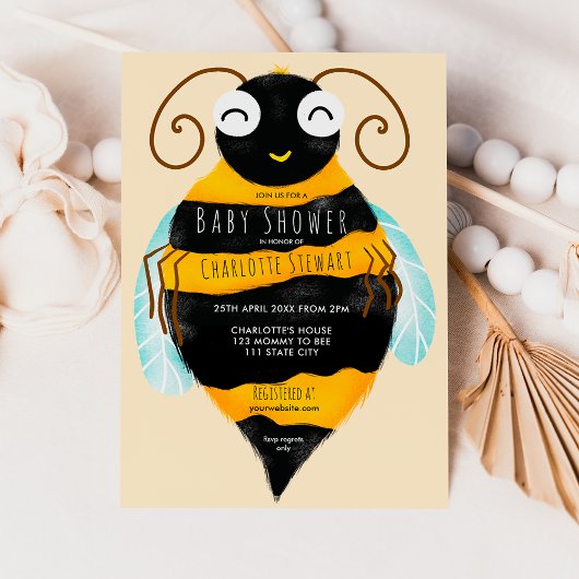 Invitation Belle orange rayures noires bumble abeille baby sh