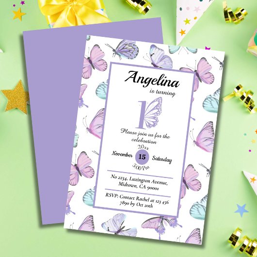 Invitation Belle papillon thème 1er anniversaire violet & bla