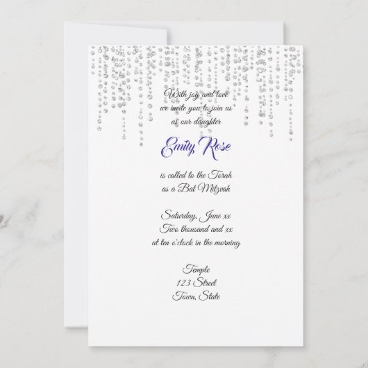 Invitation Belle Parties scintillant Bleue Éperche, Bat mitzv (Dos)