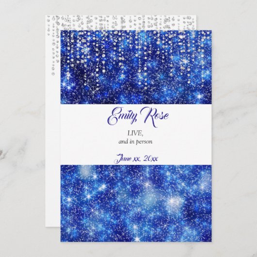 Invitation Belle Parties scintillant Bleue Éperche, Bat mitzv (Devant / Derrière)