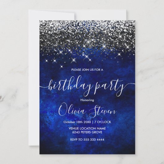 Invitation Belle parties scintillant en or bleu royal (Devant)