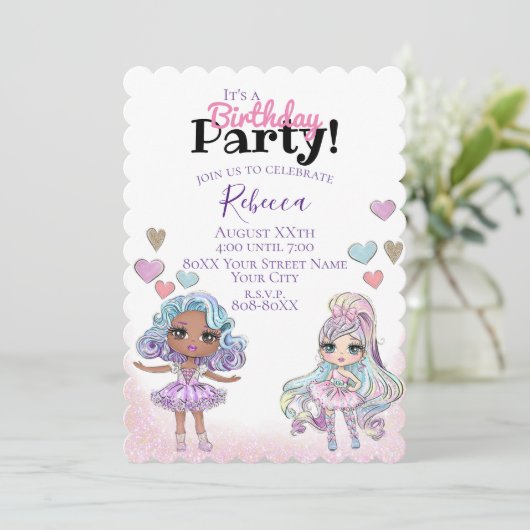 Invitation Belle Parties scintillant Poupées et Coeurs Fête F (Debout devant)