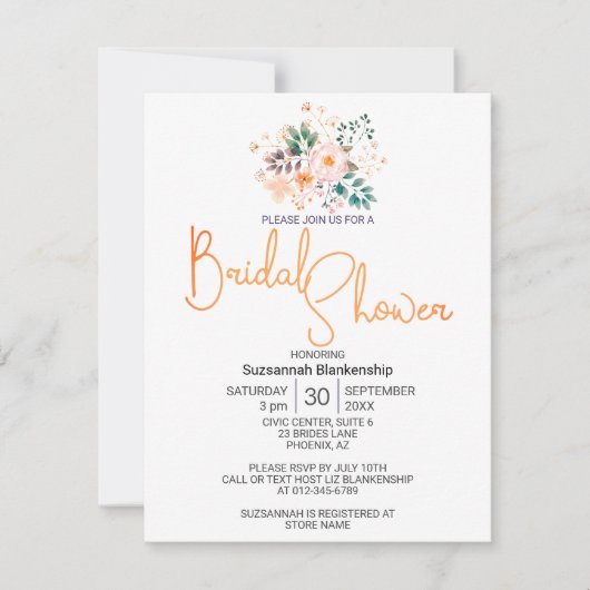 Invitation Belle Peach Begonia Fête des mariées verte (Devant)