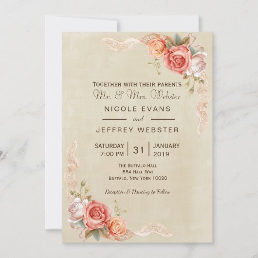 Invitation Belle Peach Flower Shabby Mariage campagnard chic (Devant)