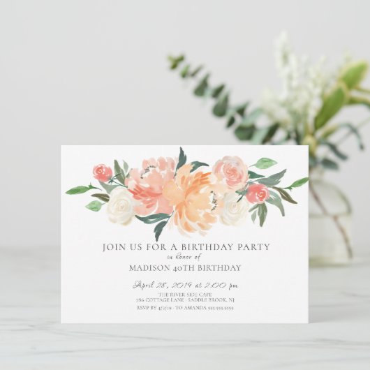 Invitation Belle Pêche Aquarelle Florale fête d'anniversaire (Debout devant)