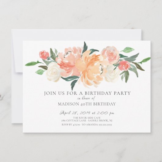 Invitation Belle Pêche Aquarelle Florale fête d'anniversaire (Devant)