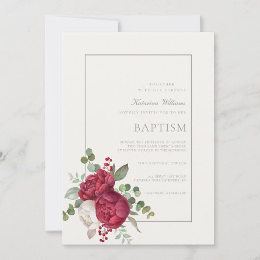 Invitation Belle Peonies Sage Vert Script Baptême d'ivoire (Devant)