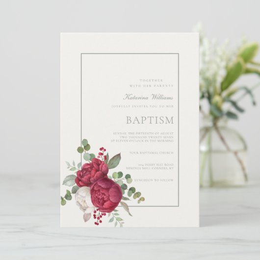 Invitation Belle Peonies Sage Vert Script Baptême d'ivoire (Debout devant)
