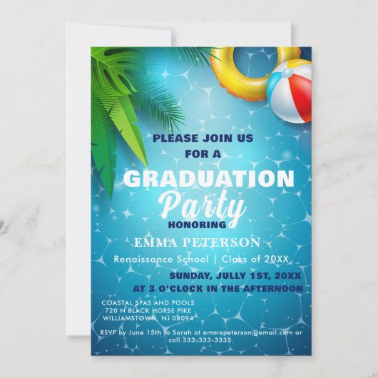 Invitation Belle Piscine Party, Baignade cadeau Graduation Bl (Devant)