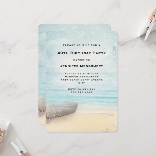 Invitation Belle plage avec bateau et phare Anniversaire (Devant/Arrière en situation)