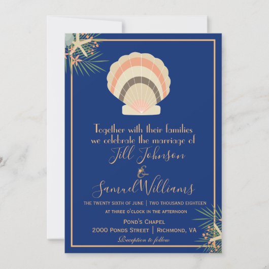 Invitation Belle plage de Seashell thème Mariage bleu (Devant)