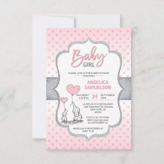 Invitation Belle Polka Dot rose Grey Elephant Baby shower FIL (Devant)