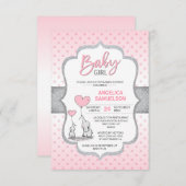 Invitation Belle Polka Dot rose Grey Elephant Baby shower FIL (Devant / Derrière)