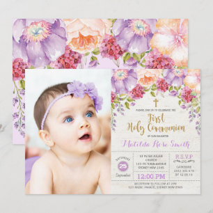 Invitation Belle Première Sainte Communion Florale d'or pourp