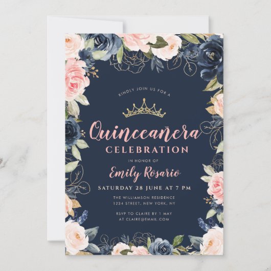 Invitation Belle quinceañera bleu marine et florale blush (Devant)