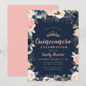 Invitation Belle quinceañera bleu marine et florale blush (Devant / Derrière)