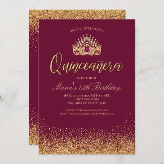 Invitation Belle Quinceañera de Bourgogne et d'or (Devant / Derrière)