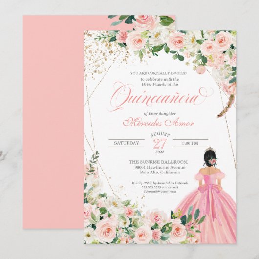Invitation Belle Quinceanera florale rose et blanche (Devant / Derrière)