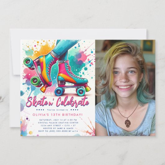 Invitation Belle Retro Roller Ski photo Anniversaire (Devant)