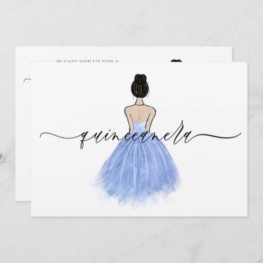 Invitation Belle robe bleu gown Script Quinceanera Party (Devant / Derrière)