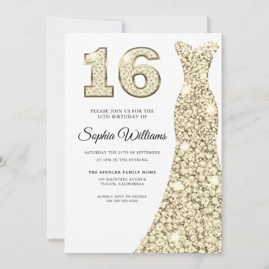 Invitation Belle Robe d'or 16e Anniversaire Douce 16 (Devant)