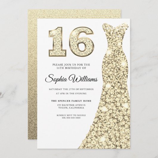 Invitation Belle Robe d'or 16e Anniversaire Douce 16 (Devant / Derrière)