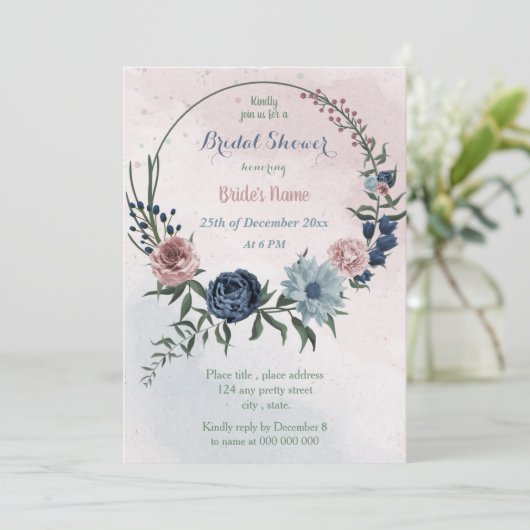 Invitation belle rose bleu floral wreath nuptiale douche (Debout devant)