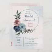 Invitation belle rose bleu floral wreath nuptiale douche (Devant / Derrière)