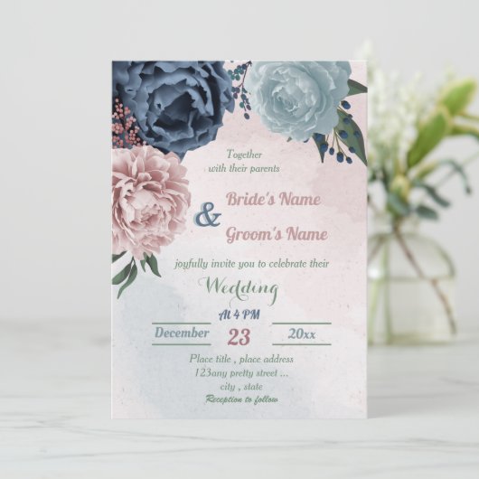 Invitation belle rose bleu vert fleuri mariage (Debout devant)