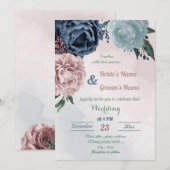 Invitation belle rose bleu vert fleuri mariage (Devant / Derrière)